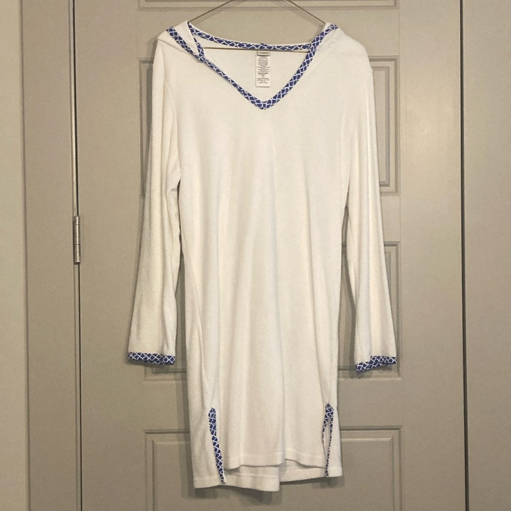 Hooded white terry coverup with blue/white trim